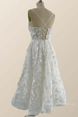 Straps Butterfly White Lace Tea Length Dress