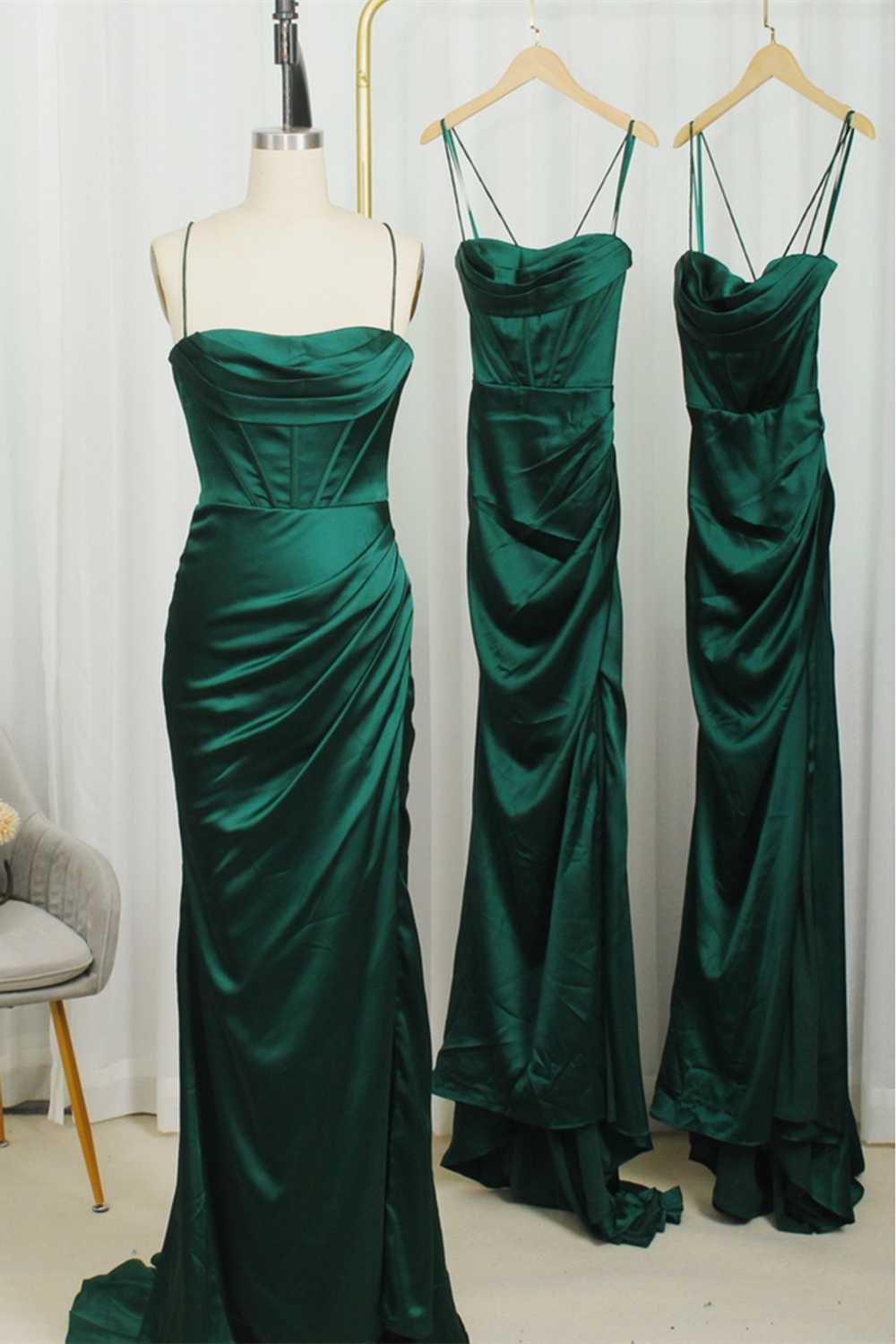Straps Dark Green Mermaid Long Bridesmaid Dress,Modest Satin Formal Dresses