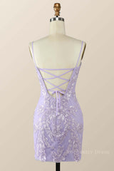 Straps Floral Embroidered Lavender Bodycon Mini Dress
