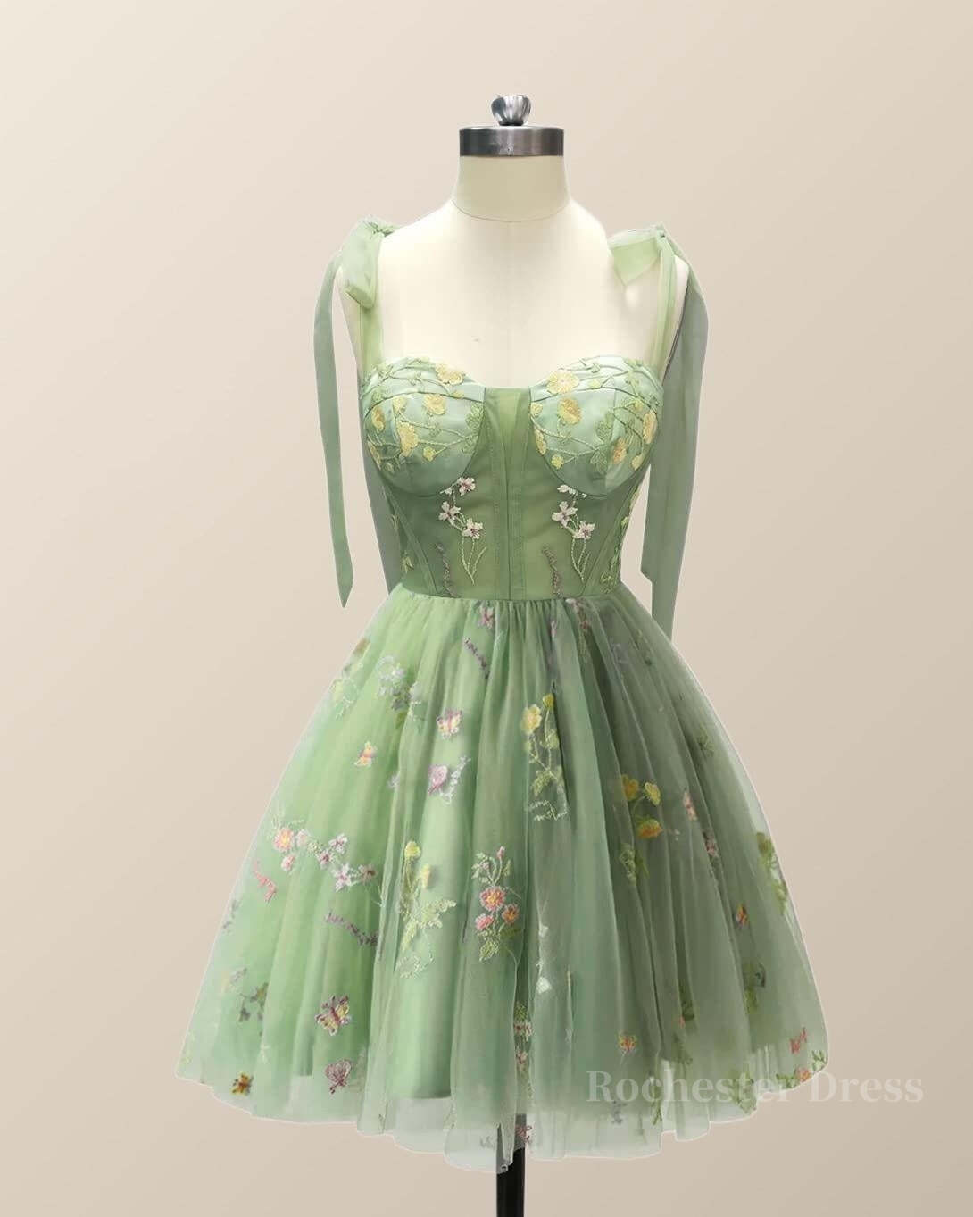 Straps Green Floral Short Princess Dress
