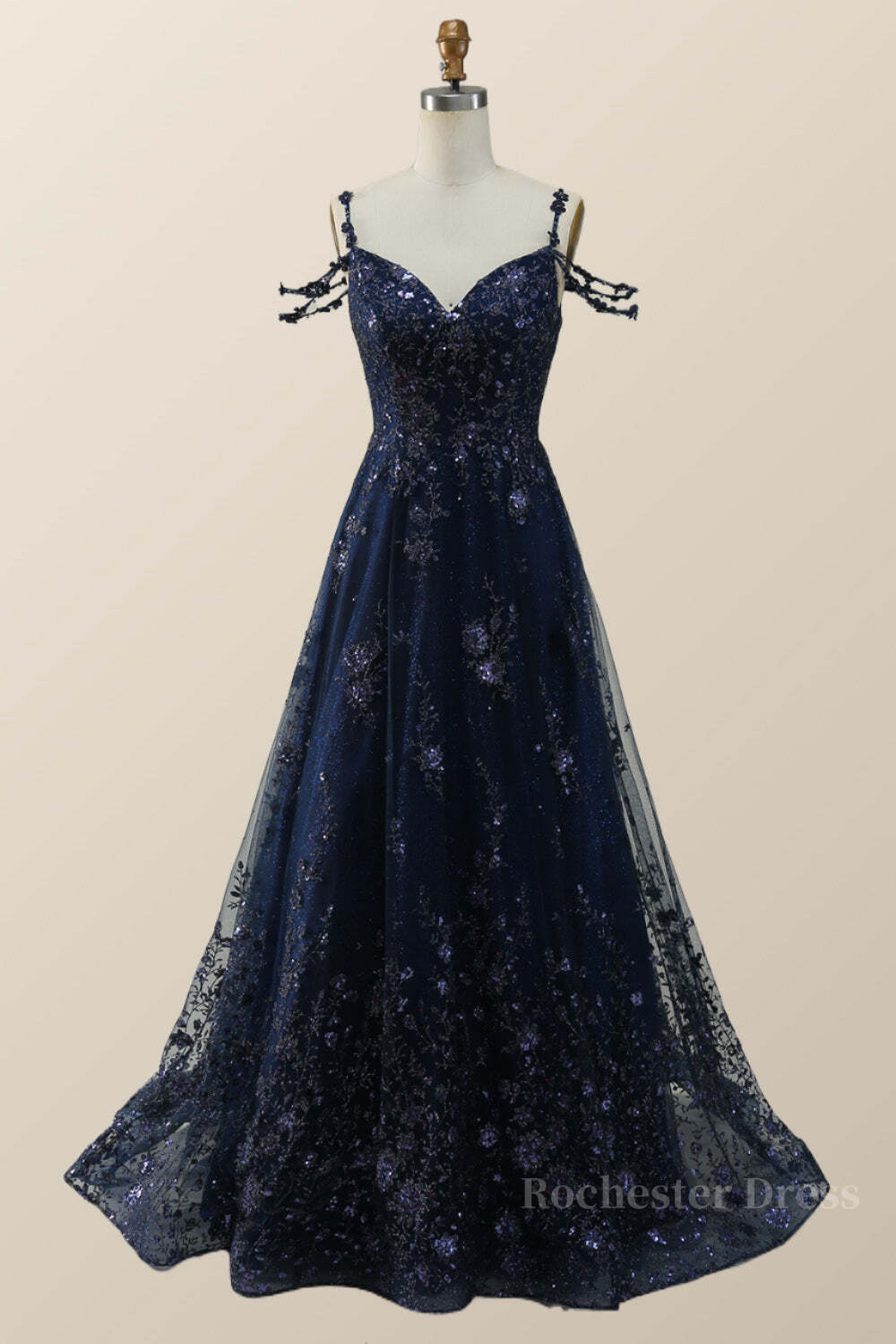 Straps Navy Blue Embroidery A-line Long Formal Dress