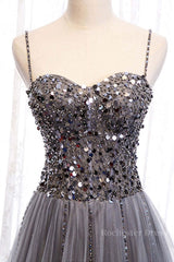 Sweetheart Neck Grey Sequins Tulle Long Prom Dress, Grey Sequins Formal Evening Dress