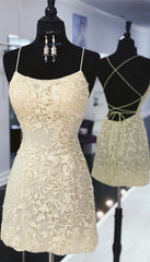 tight yellow lace homecoming dresses, short yellow homecoming dress with lace up back