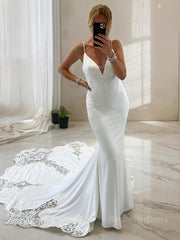 Trumpet/Mermaid V-neck Cathedral Train Charmeuse Wedding Dresses With Appliques Lace