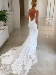 Trumpet/Mermaid V-neck Cathedral Train Charmeuse Wedding Dresses With Appliques Lace