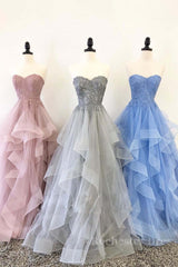 Unique sweetheart tulle lace long prom dress, tulle evening dress