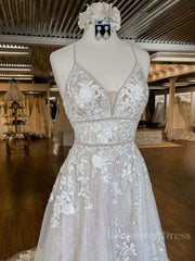 Unique v neck tulle lace long prom dress, lace wedding dress