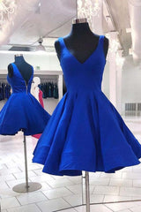 V Neck and V Back Short Blue Prom Dress, Open Back Blue Homecoming Dress, Blue Formal Evening Dress