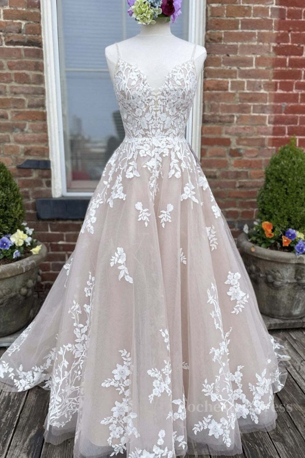 V Neck Backless Champagne Lace Appliques Long Prom Dress, Champagne Lace Formal Evening Dress