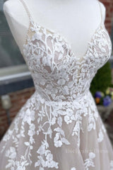 V Neck Backless Champagne Lace Appliques Long Prom Dress, Champagne Lace Formal Evening Dress