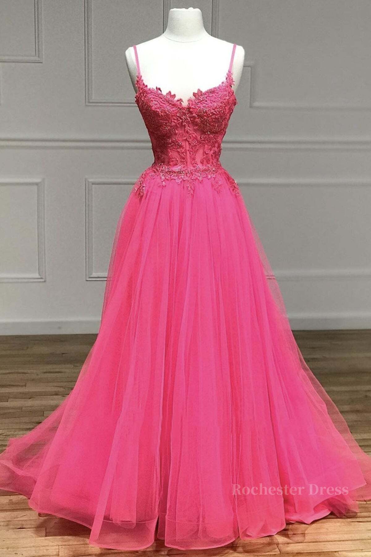 V Neck Beaded Hot Pink Lace Tulle Long Prom Dresses, Hot Pink Lace Formal Dresses, Hot Pink Evening Dresses