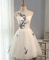 White A-Line Tulle Short Prom Dress, White Evening Dress
