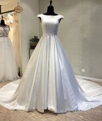 White round neck satin long prom gown, evening dress