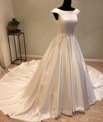 White round neck satin long prom gown, evening dress
