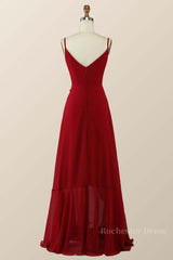 Wine Red Chiffon Wrap Ruffle Long Bridesmaid Dress