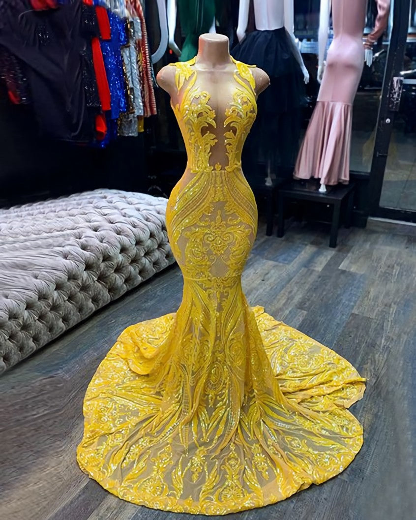 Yellow Sparkly Prom Dress,Mermaid Iridescent Dresses